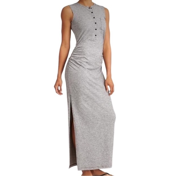 Athleta Maxi Dress 2X Ruched Henley Microstripe Stretch Beach Resort Lightweight - Picture 2 of 12